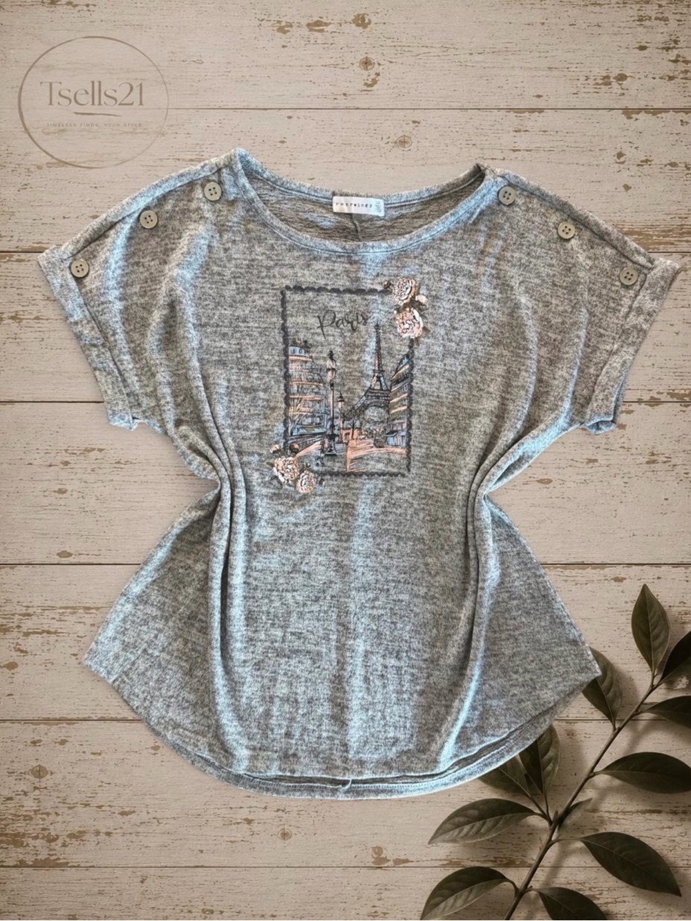 Retrology Grey Paris Graphic Top - Size L